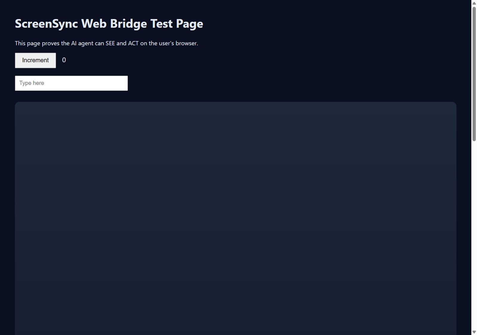 Screenshot the agent took itself with web_screenshot: the ScreenSync web bridge test page open in the user's browser tab