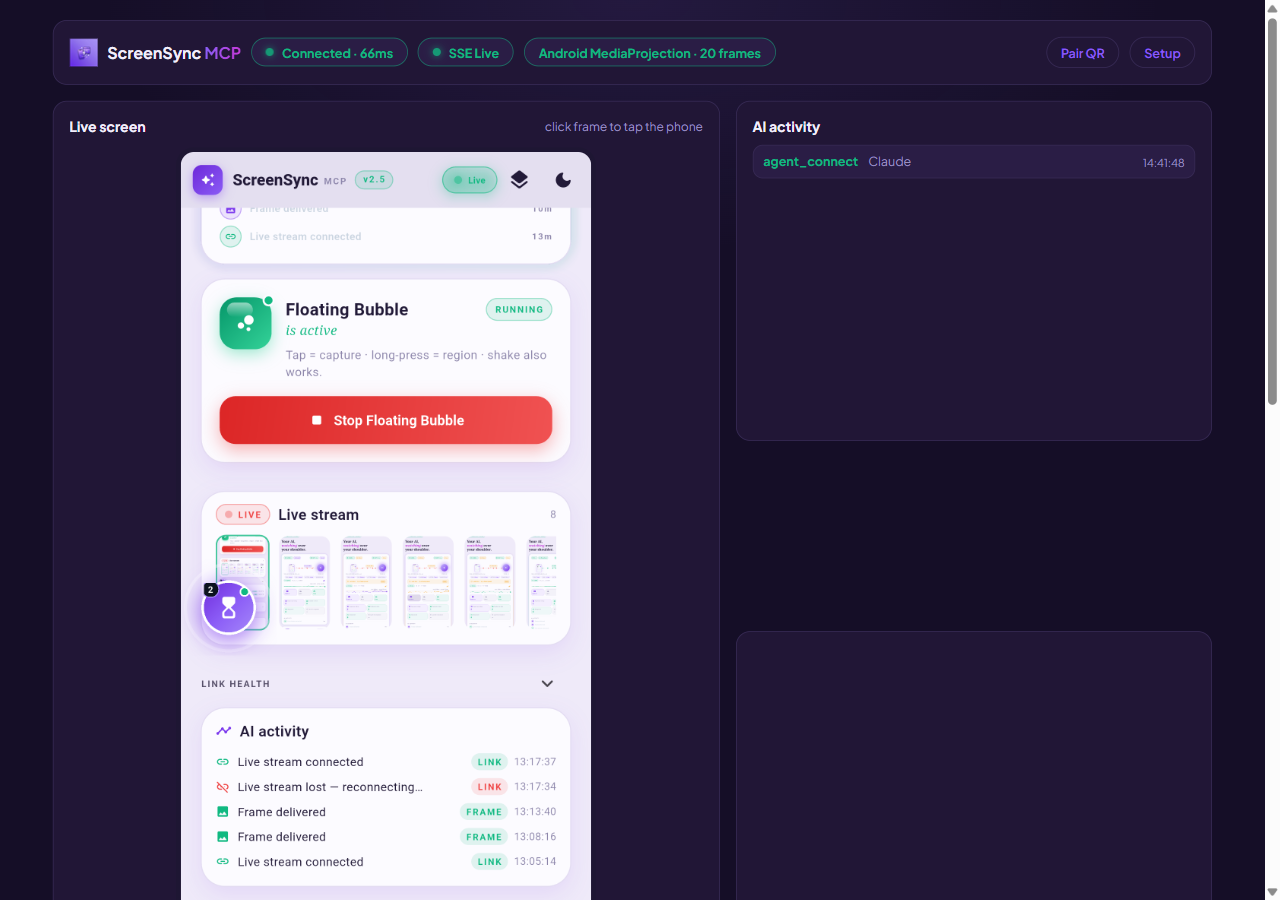 Extension dashboard streaming the live Android screen, with connection status pills and the AI activity feed