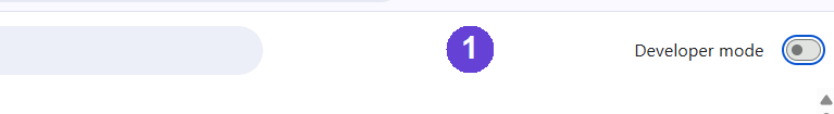 Step 1: Developer mode toggle at the top right of chrome://extensions, shown off before you switch it on
