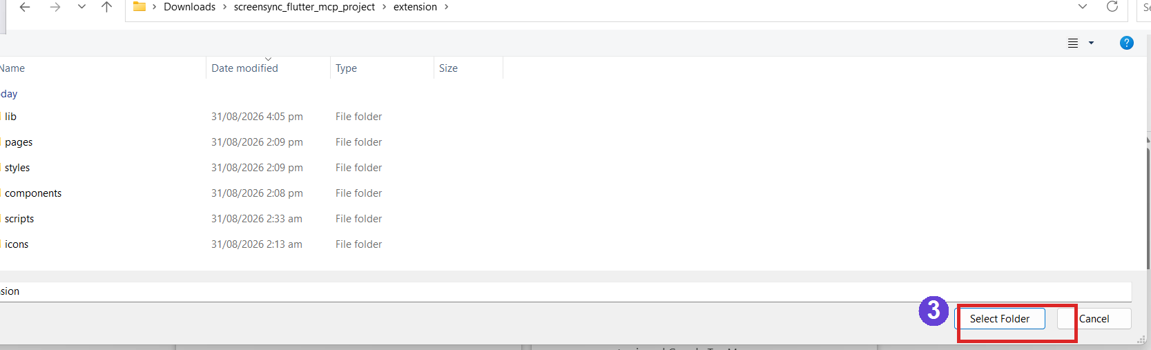 Step 3: folder picker open on the unzipped extension folder, with the Select Folder button outlined in red