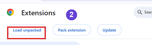 Step 2: Load unpacked button, outlined in red, at the top left of the chrome://extensions page