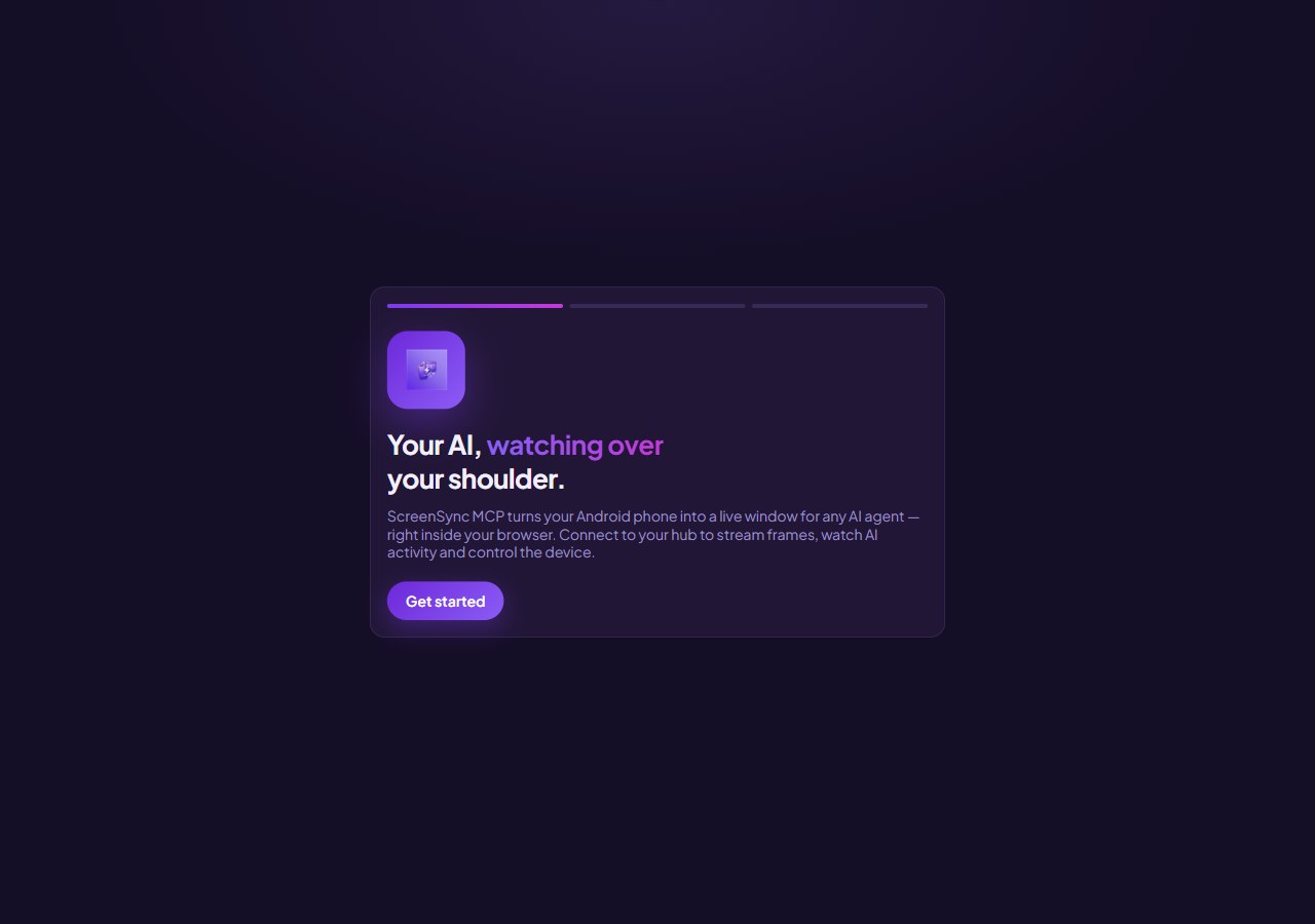 ScreenSync extension welcome wizard, step one of three, with the Get started button