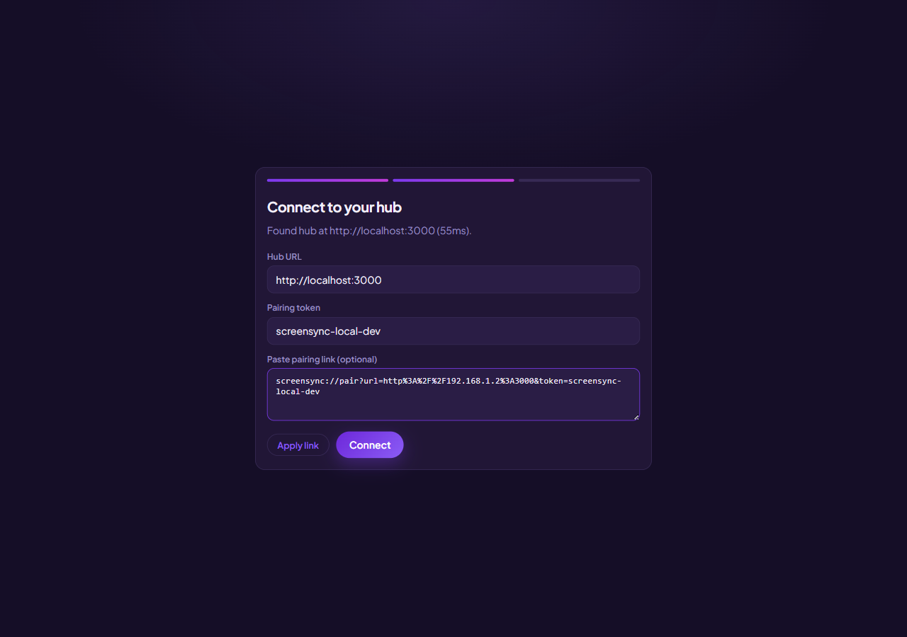 Connect to your hub wizard step with the hub URL, the pairing token and a pasted pairing link