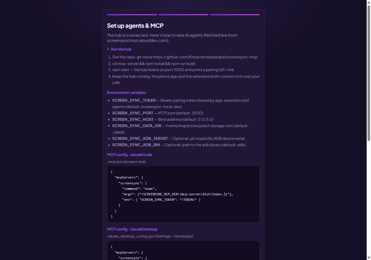 Set up agents and MCP wizard step with hub run steps, environment variables and a Claude Code .mcp.json config