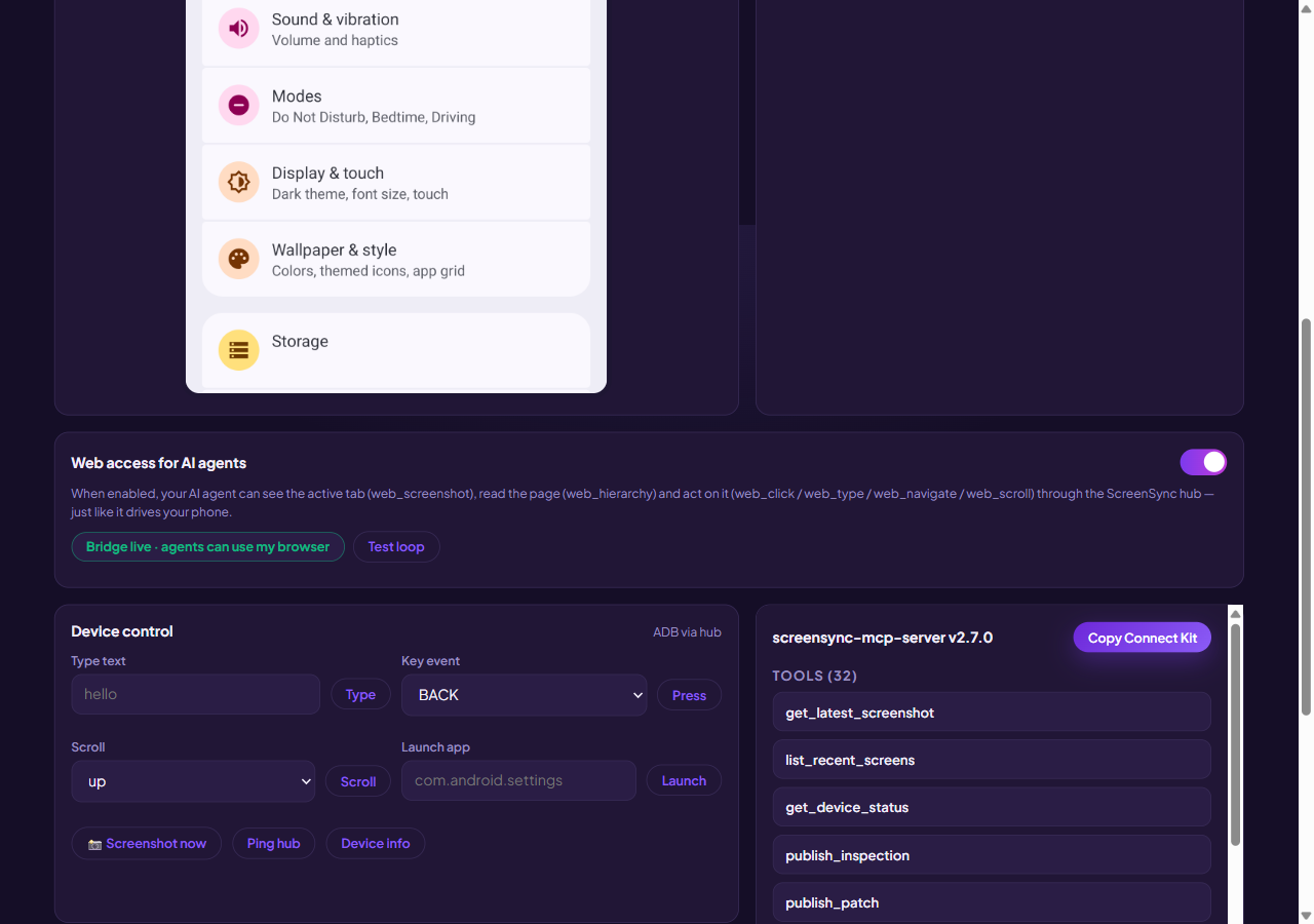 Web access for AI agents card switched on in the ScreenSync extension dashboard, with the Bridge live pill and the device control panel below