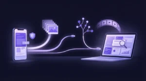 Illustration of an Android phone sending its screen to a laptop along four glowing paths, with a small shield beside it