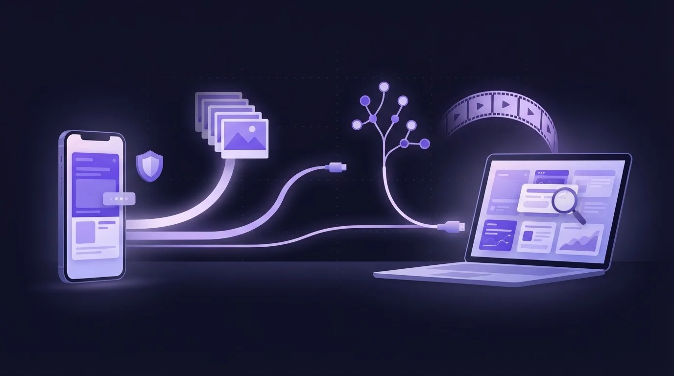 Illustration of an Android phone sending its screen to a laptop along four glowing paths, with a small shield beside it