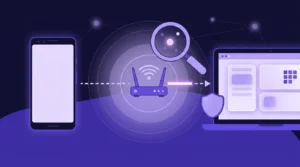 Android phone and laptop linked through a Wi-Fi router, with a magnifier scanning the local network for a hidden hub