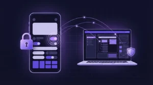 Illustration of an Android phone linked to a laptop by glowing purple lines, with tap ripples and a closed padlock