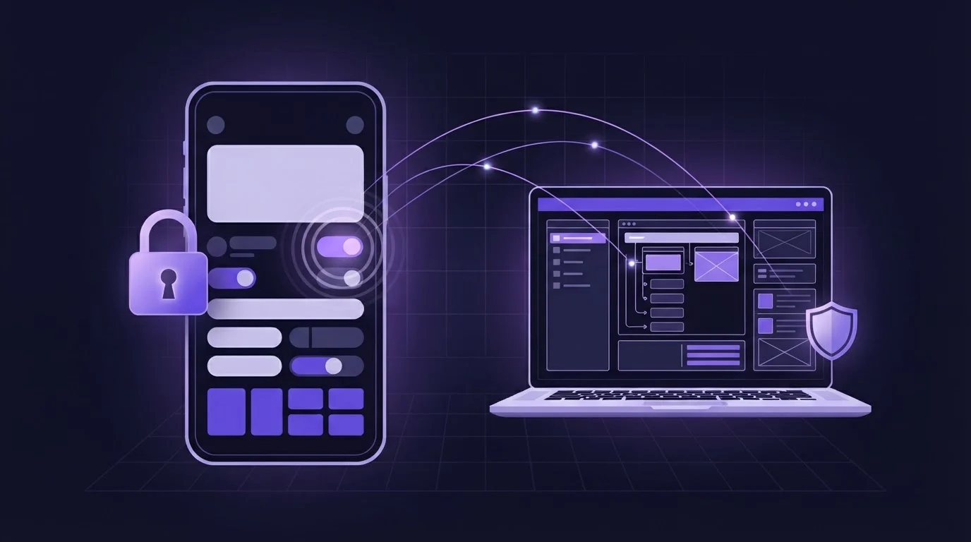 Illustration of an Android phone linked to a laptop by glowing purple lines, with tap ripples and a closed padlock