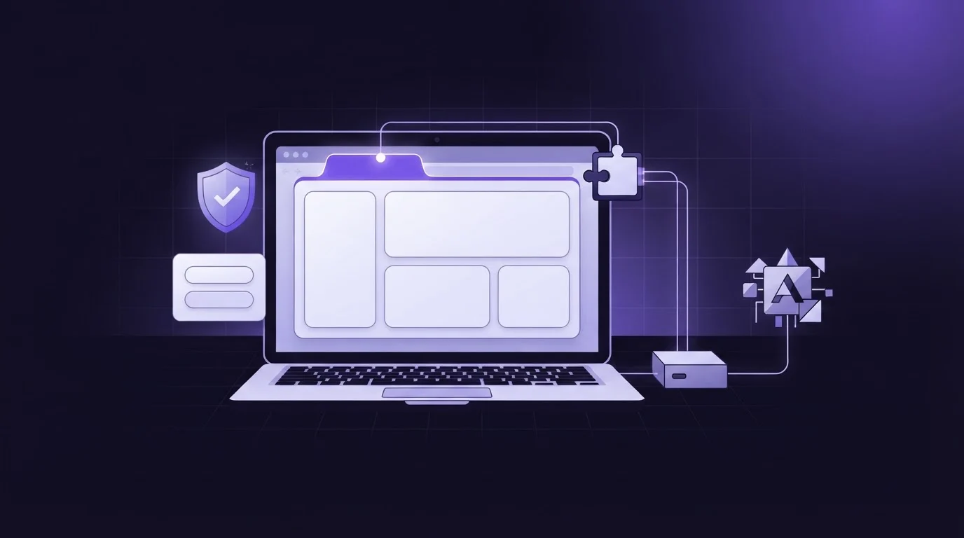 Laptop with a browser tab linked by glowing lines to a local hub and an AI node, guarded by a shield and approval card
