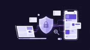 Illustration of a phone and laptop linked through a purple security shield, with checklist panels and a magnifier