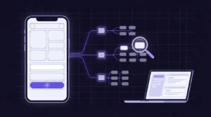 Smartphone with outlined UI elements linked by purple lines to a tree of nodes and a laptop, on a navy background