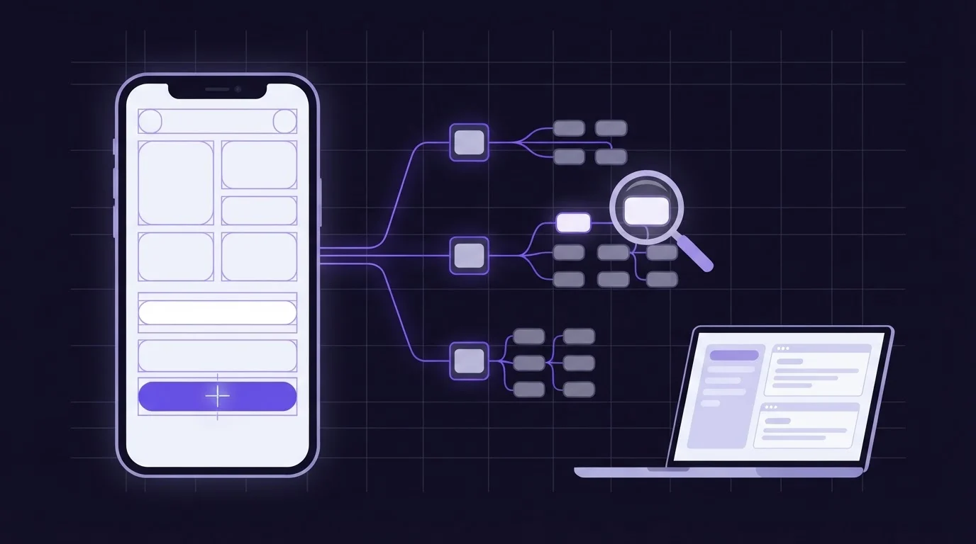 Smartphone with outlined UI elements linked by purple lines to a tree of nodes and a laptop, on a navy background