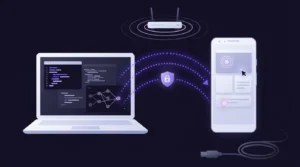 Illustration of a laptop and an Android phone linked by glowing wireless arcs with a shield, and no cable between them
