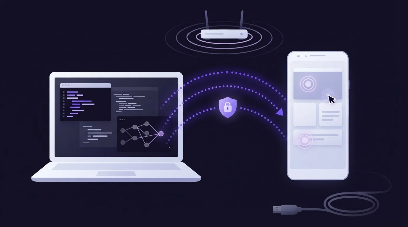 Illustration of a laptop and an Android phone linked by glowing wireless arcs with a shield, and no cable between them