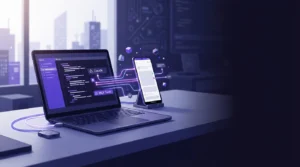 A laptop running code connects digitally to an Android smartphone resting on a desk in a modern purple-lit office.
