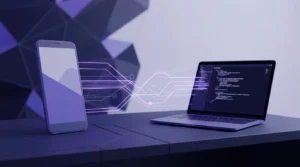 A smartphone and a laptop connected by digital light trails on a desk representing wireless data transfer.
