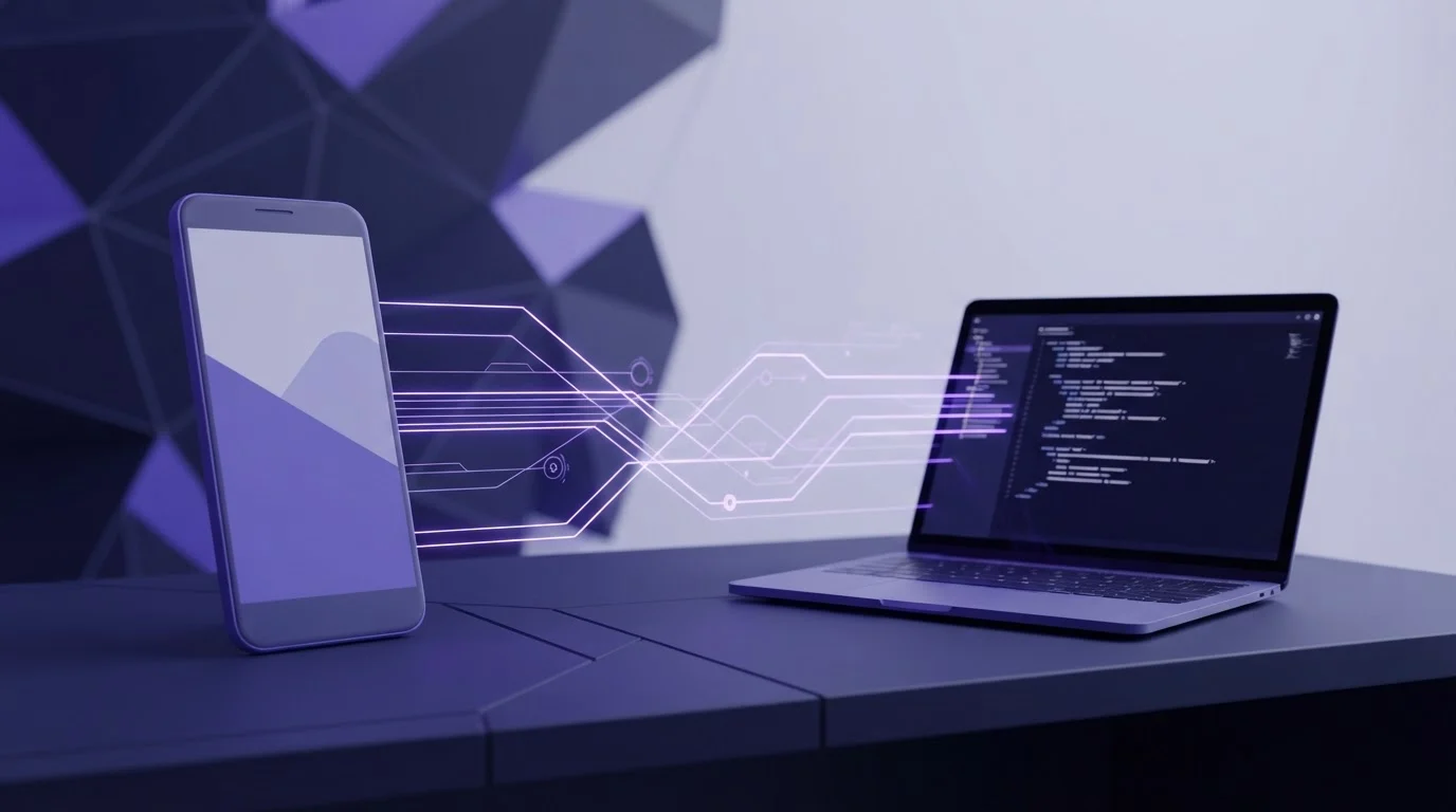 A smartphone and a laptop connected by digital light trails on a desk representing wireless data transfer.