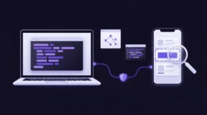Laptop with an abstract terminal linked by glowing lines to a smartphone, a magnifier checking a highlighted app button