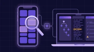 Illustration: Android phone with highlighted bug regions and a magnifier beside a laptop showing a UI tree and logs