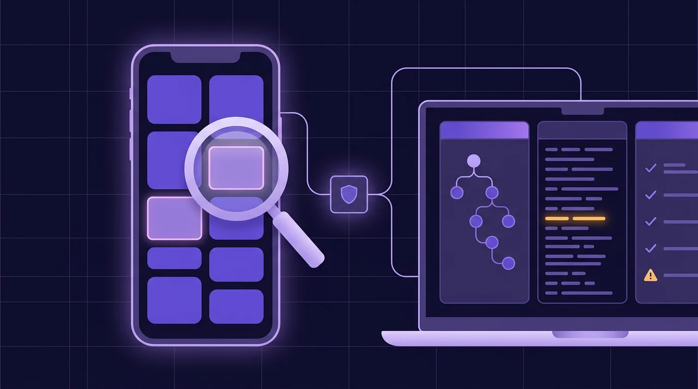 Illustration: Android phone with highlighted bug regions and a magnifier beside a laptop showing a UI tree and logs