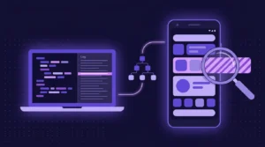 Android phone and laptop joined by glowing lines, a magnifier over an overflowing app panel, and a floating UI tree