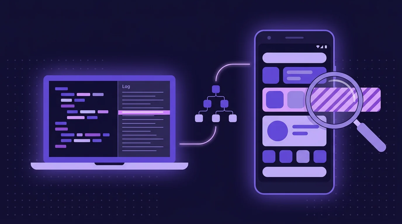 Android phone and laptop joined by glowing lines, a magnifier over an overflowing app panel, and a floating UI tree