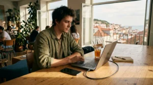 A traveller troubleshooting a smartphone connected to a laptop to fix ADB no devices or emulators found errors.