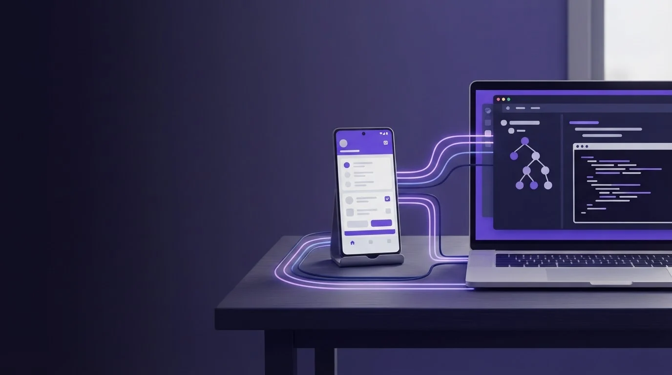 A smartphone on a stand connects via glowing light lines to a laptop displaying code and a tree diagram on a desk.