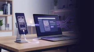 A smartphone on a stand connected by cable to a laptop, both displaying mirrored graphic interface screens.