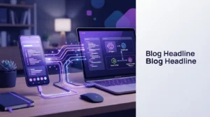 A smartphone connected to a laptop via glowing data cables on a desk beside placeholder blog headline text.