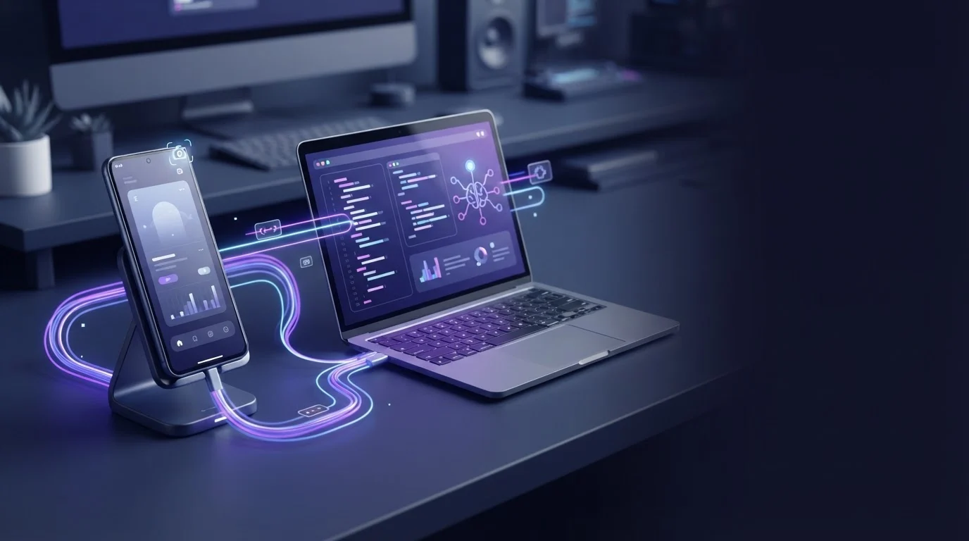 A smartphone on a stand connected by glowing digital data streams to an open laptop showing code on a dark desk.