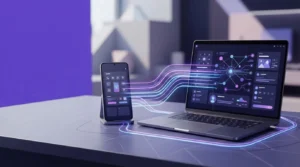 Glowing data streams connect a smartphone on a dock to an open laptop showing an interface on a desk.
