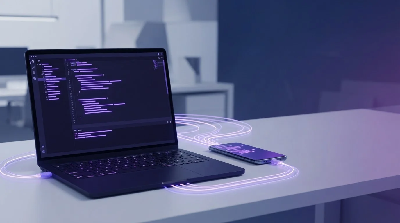 Laptop showing code connected by glowing light trails to a smartphone on a modern desk.