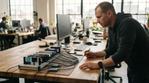 A software engineer working with mobile smartphones at a sunny desk for enterprise Android testing at scale.