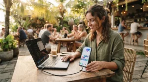 A remote worker explores 7 phone tasks an AI agent can automate today at a sunny cafe with a connected smartphone.