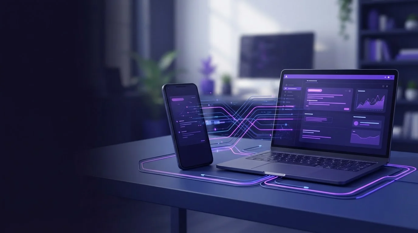 A laptop and smartphone sit on a desk connected by glowing purple data streams in a dimly lit modern office.