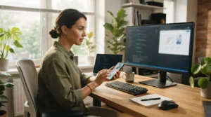 A software engineer at a sunlit wooden desk coordinating between a smartphone and a desktop monitor.