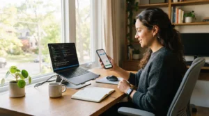 A software engineer monitors zero ADB Android automation on a wireless smartphone at a sunny desk.