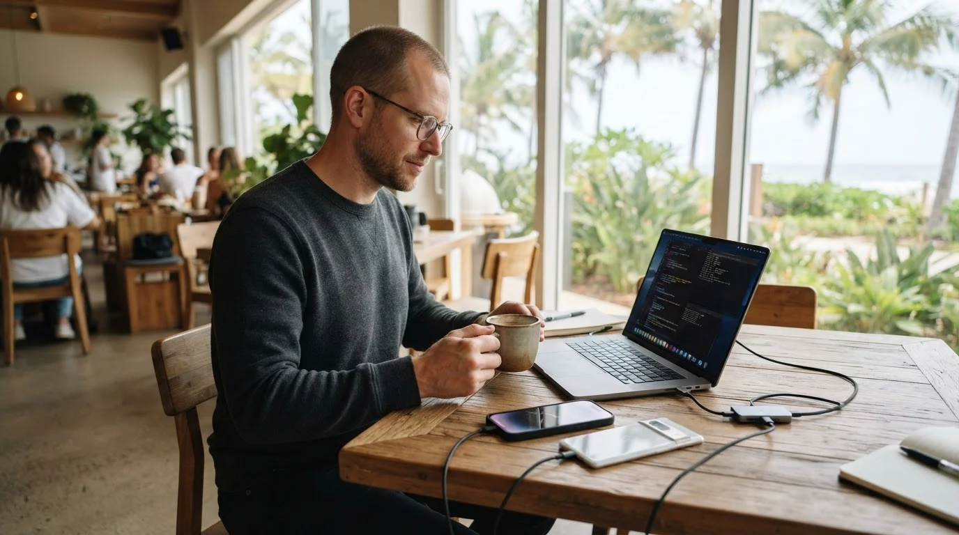 A software developer at a sunlit cafe table working on mobile automation with connected smartphones and a laptop.
